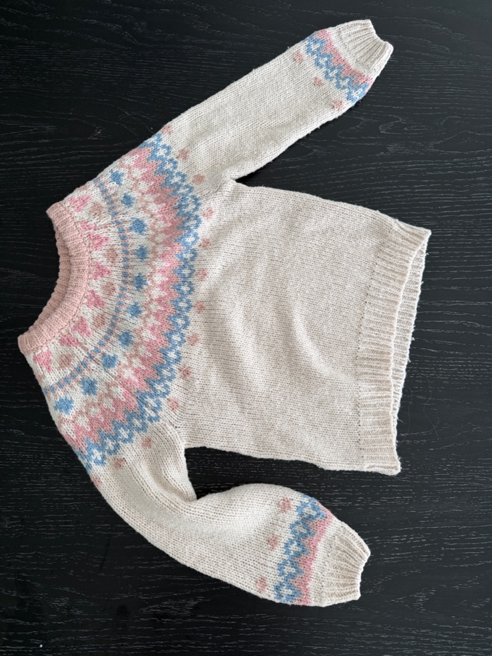 Cream Fair Isle Knit Sweater with Pink & Blue Accents